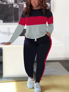 Plus Size Colorblock Crew Neck Long Sleeve Top & Drawstring Striped Joggers - Casual Two Piece Set for Women