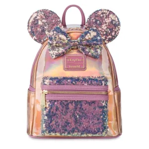 10" Disney Parks - Minnie Mouse EARidescent Sequin Faux Leather Mini Backpack Bag Loungefly Exclusive