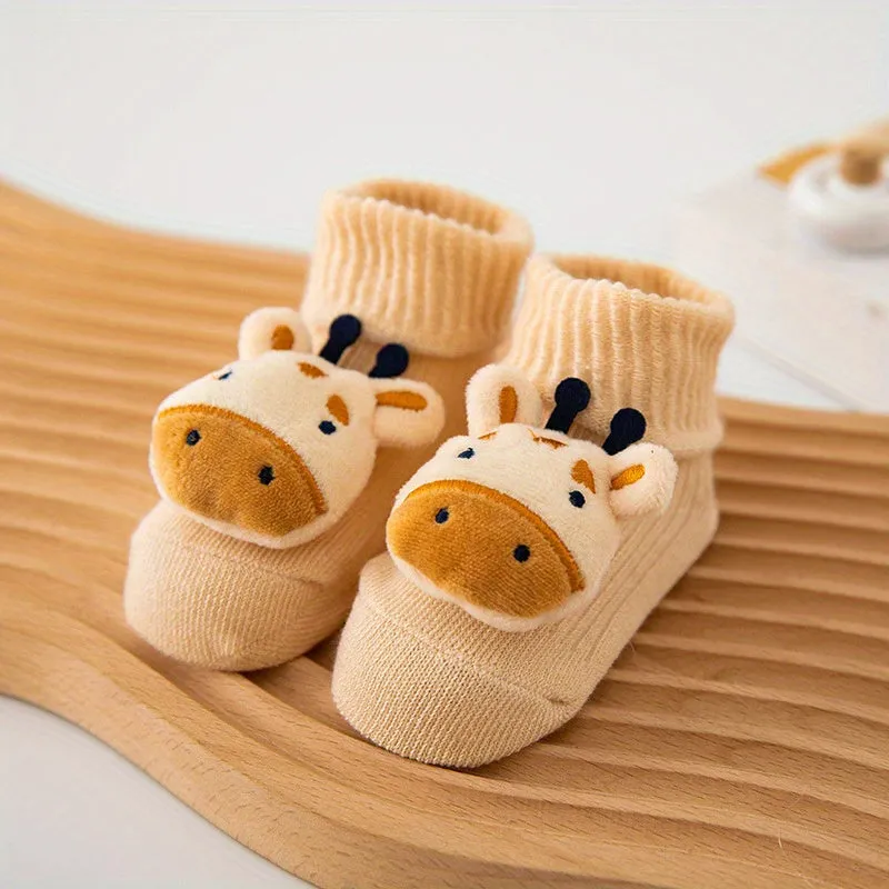 A Pair Of Baby Girl's Trendy Animals Pattern Non Slip Floor Socks, Comfy Breathable Casual Thermal Socks, Winter