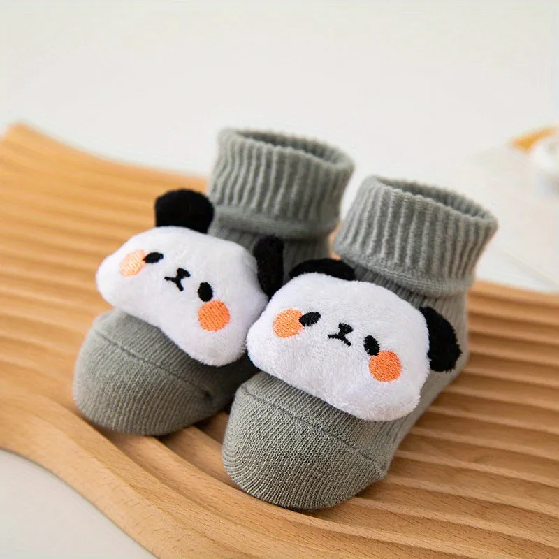 A Pair Of Baby Girl's Trendy Animals Pattern Non Slip Floor Socks, Comfy Breathable Casual Thermal Socks, Winter