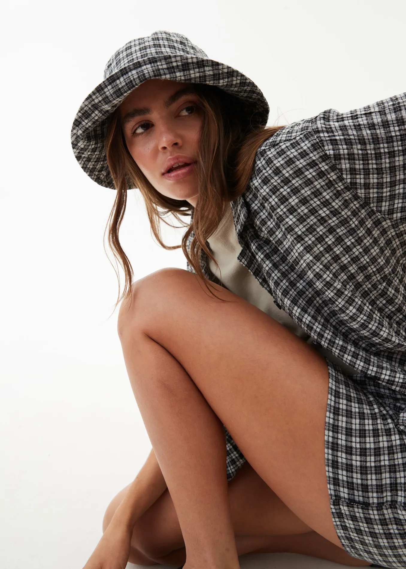 AFENDS Unisex Asta - Check Seersucker Bucket Hat - Steel