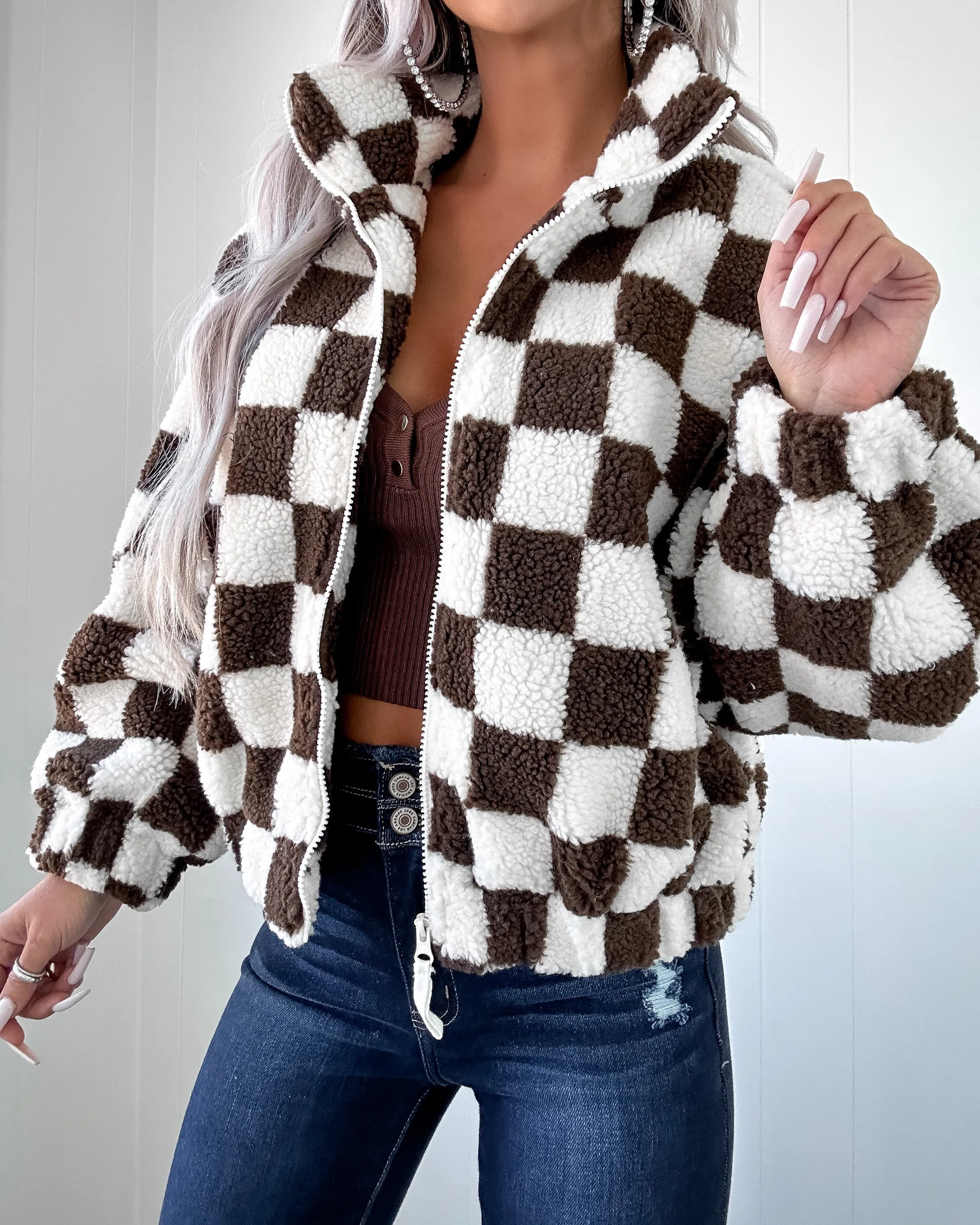 Alayna Checkered Sherpa Jacket - Brown