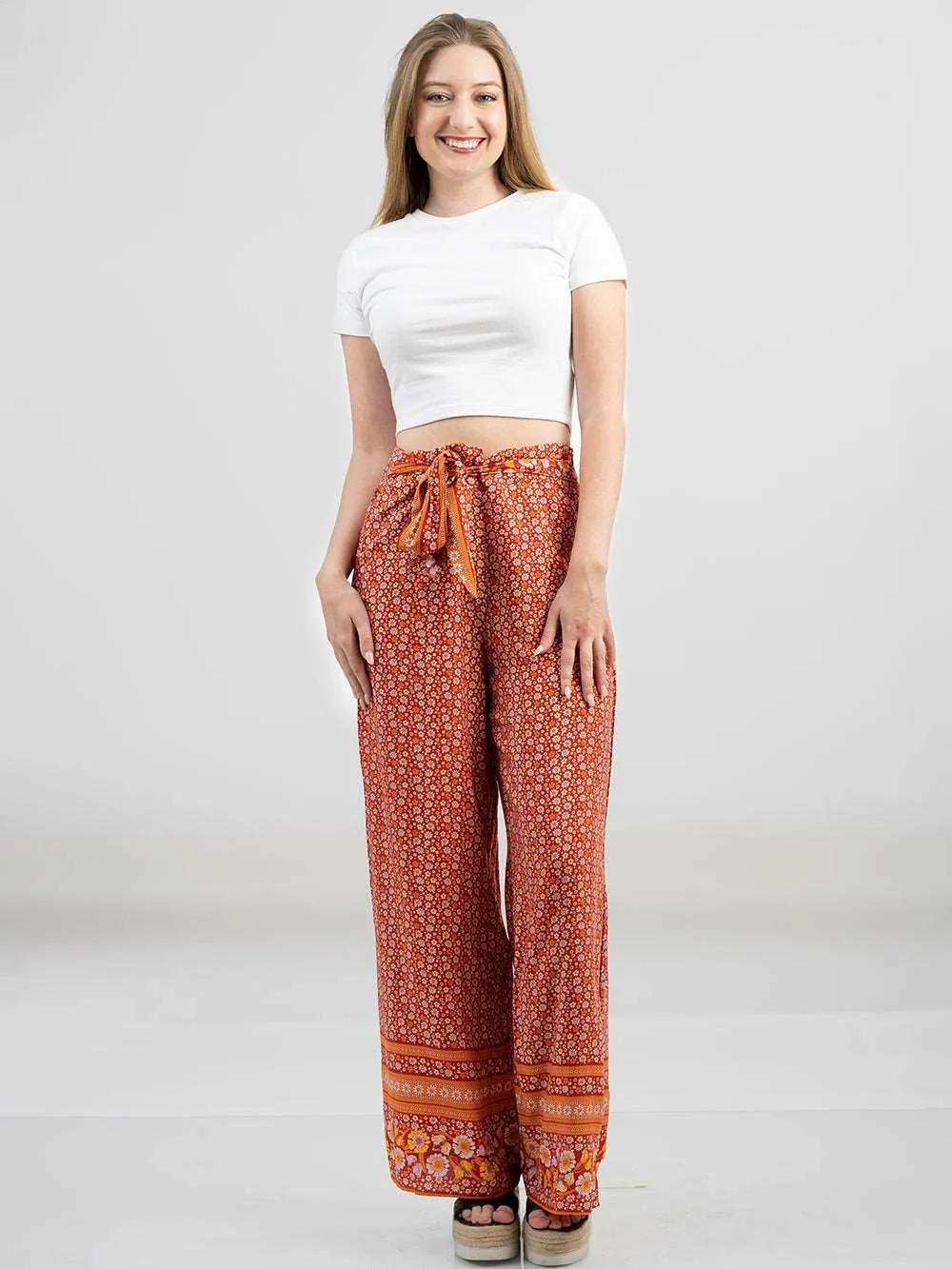 American Bling Women Floral Print Tie Waist Wide Leg Pants