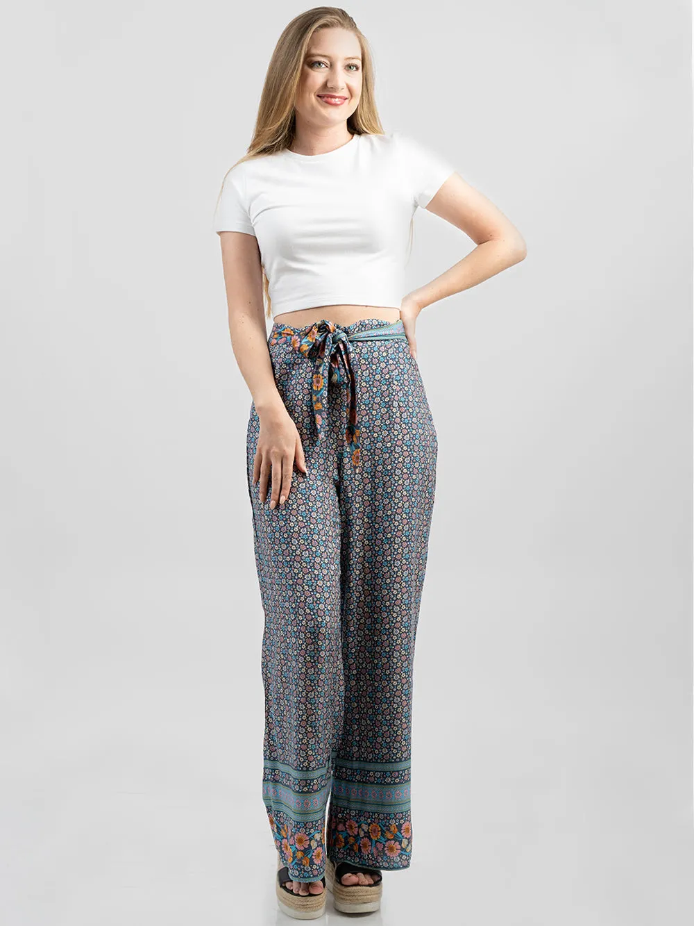 American Bling Women Floral Print Tie Waist Wide Leg Pants