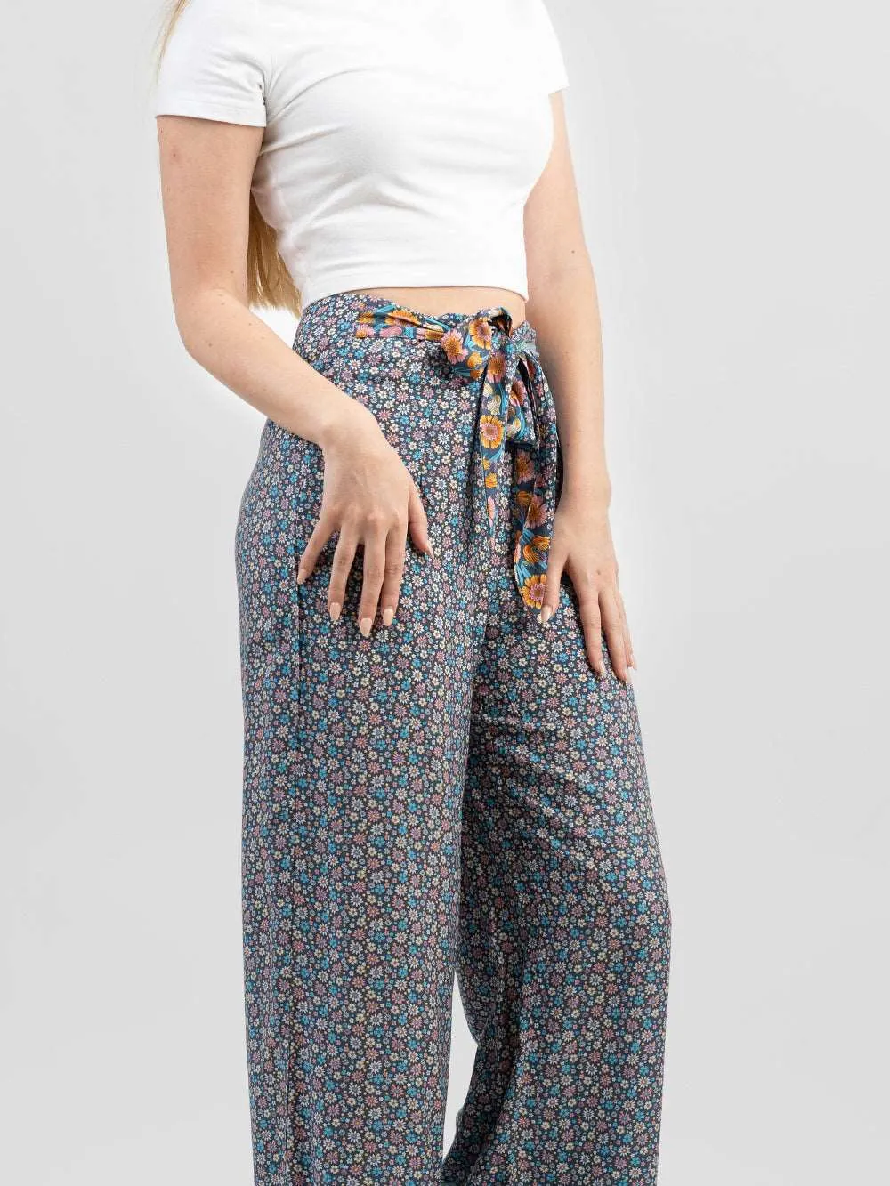 American Bling Women Floral Print Tie Waist Wide Leg Pants