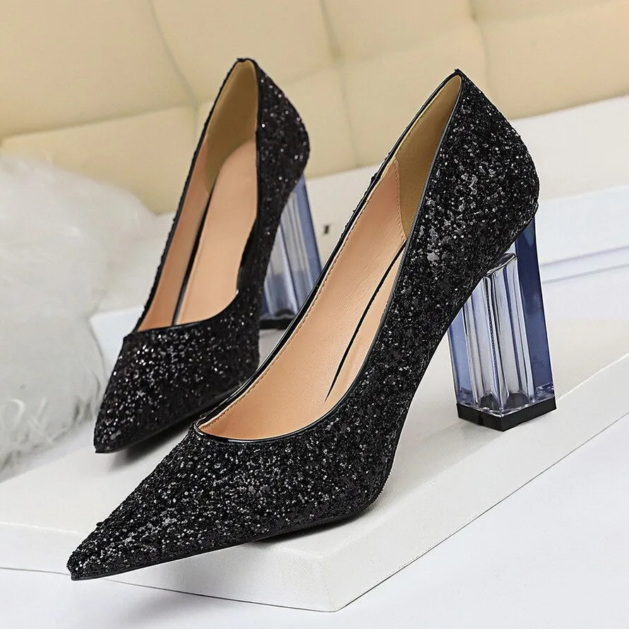 Amozae-2024 Plus Size 43 Women 10cm High Heels Lady Scarpins Gold Silver Block Clear Heels Pumps Lady Wedding Transparent Chunky Shoes