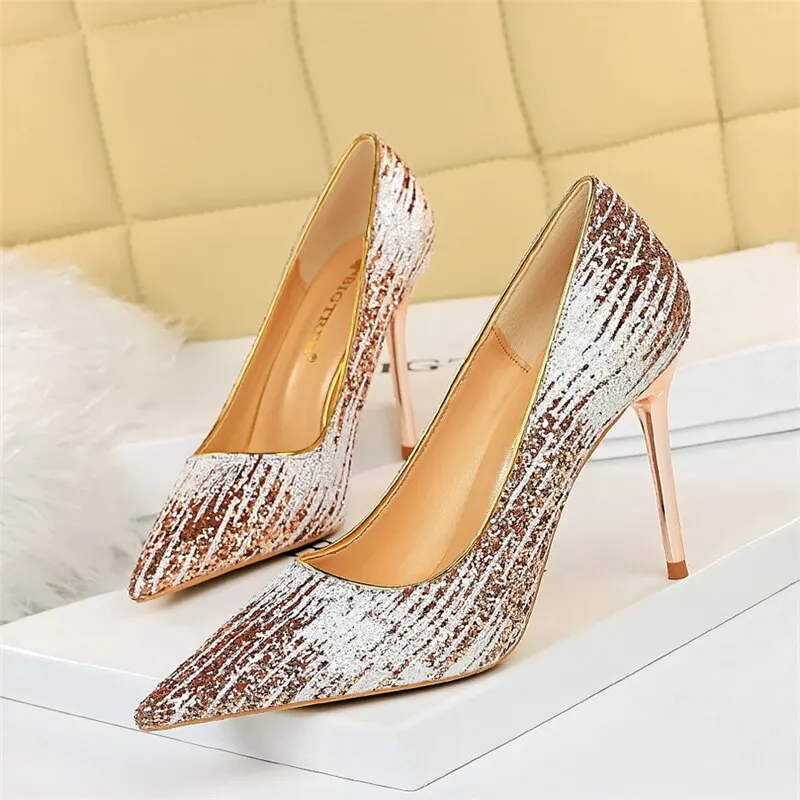 Amozae-2024 Spring Autumn Fashion Women Gold 10cm Extreme High Heels Pumps Designer Bling Cinderella Valentine Wedding Shoes Plus Size