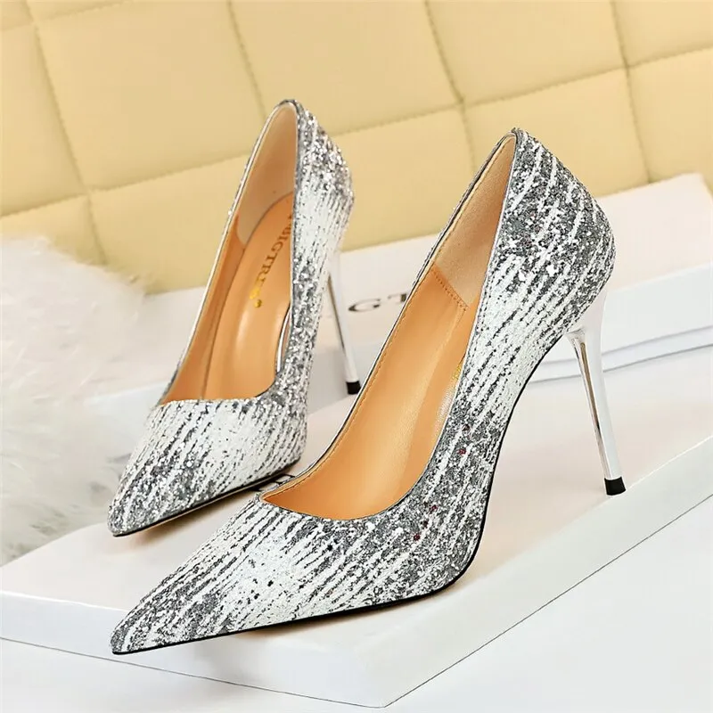 Amozae-2024 Spring Autumn Fashion Women Gold 10cm Extreme High Heels Pumps Designer Bling Cinderella Valentine Wedding Shoes Plus Size