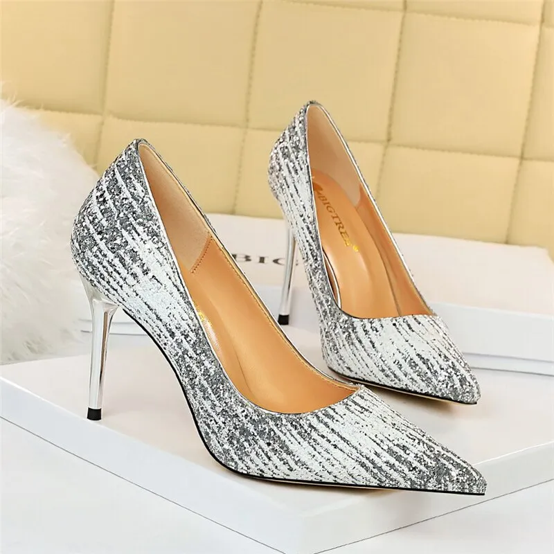 Amozae-2024 Spring Autumn Fashion Women Gold 10cm Extreme High Heels Pumps Designer Bling Cinderella Valentine Wedding Shoes Plus Size