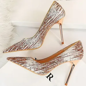 Amozae-2024 Spring Autumn Fashion Women Gold 10cm Extreme High Heels Pumps Designer Bling Cinderella Valentine Wedding Shoes Plus Size