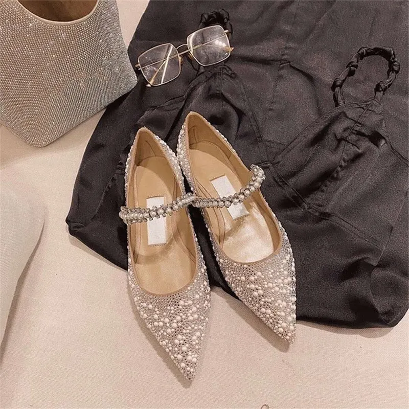 Amozae-- 2024 Spring New Ladies Pointed Toe Flat Shoes Diamond Decoration Single Shoes