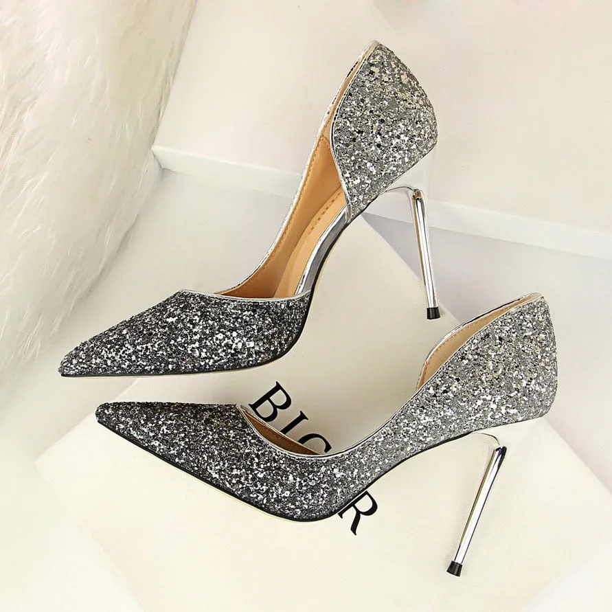 Amozae-2024 Woman 9cm Glitter High Heels Sequins Scarpins Pumps Female Silver Gold Escarpins Lady Wedding Bridal Scarpins Talons Shoes