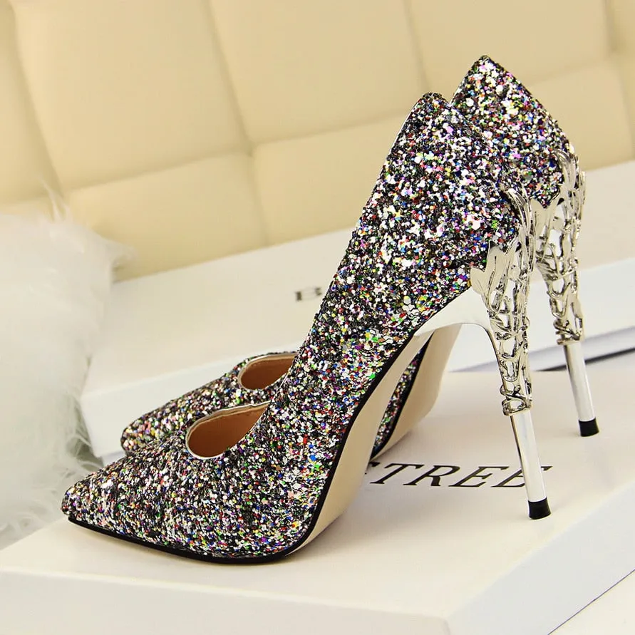 Amozae-2024 Women 10cm High Heels Fetish Pumps Lady Glitter Metal Carving Wedding Bridal Heels Bling Luxury Design Party Scarpins Shoes