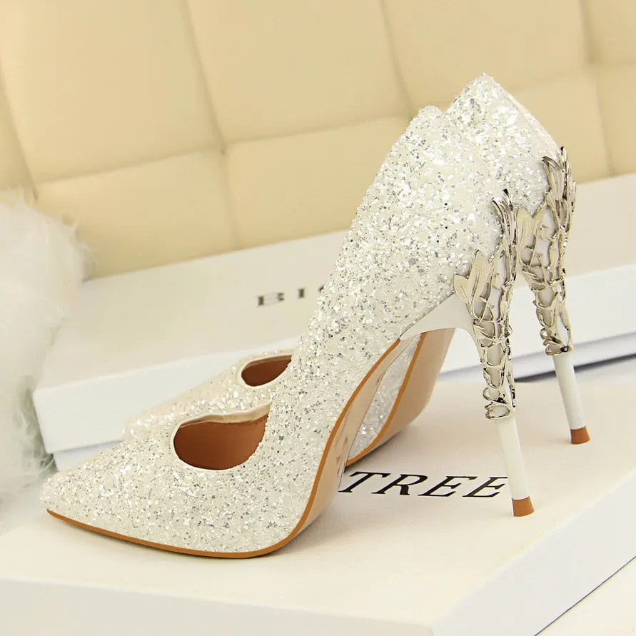 Amozae-2024 Women 10cm High Heels Fetish Pumps Lady Glitter Metal Carving Wedding Bridal Heels Bling Luxury Design Party Scarpins Shoes