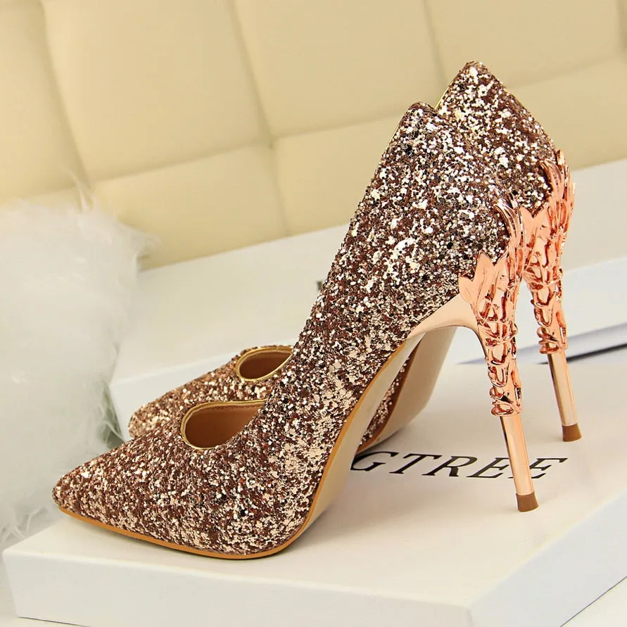 Amozae-2024 Women 10cm High Heels Fetish Pumps Lady Glitter Metal Carving Wedding Bridal Heels Bling Luxury Design Party Scarpins Shoes