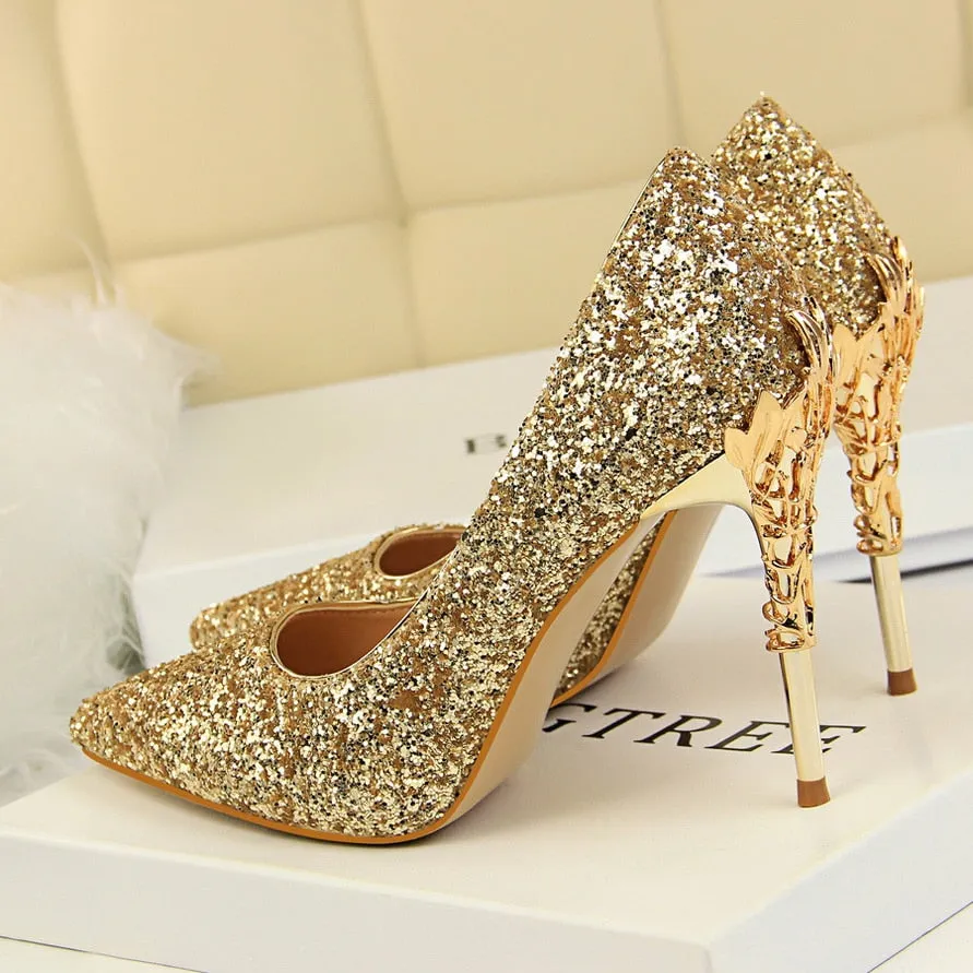 Amozae-2024 Women 10cm High Heels Fetish Pumps Lady Glitter Metal Carving Wedding Bridal Heels Bling Luxury Design Party Scarpins Shoes