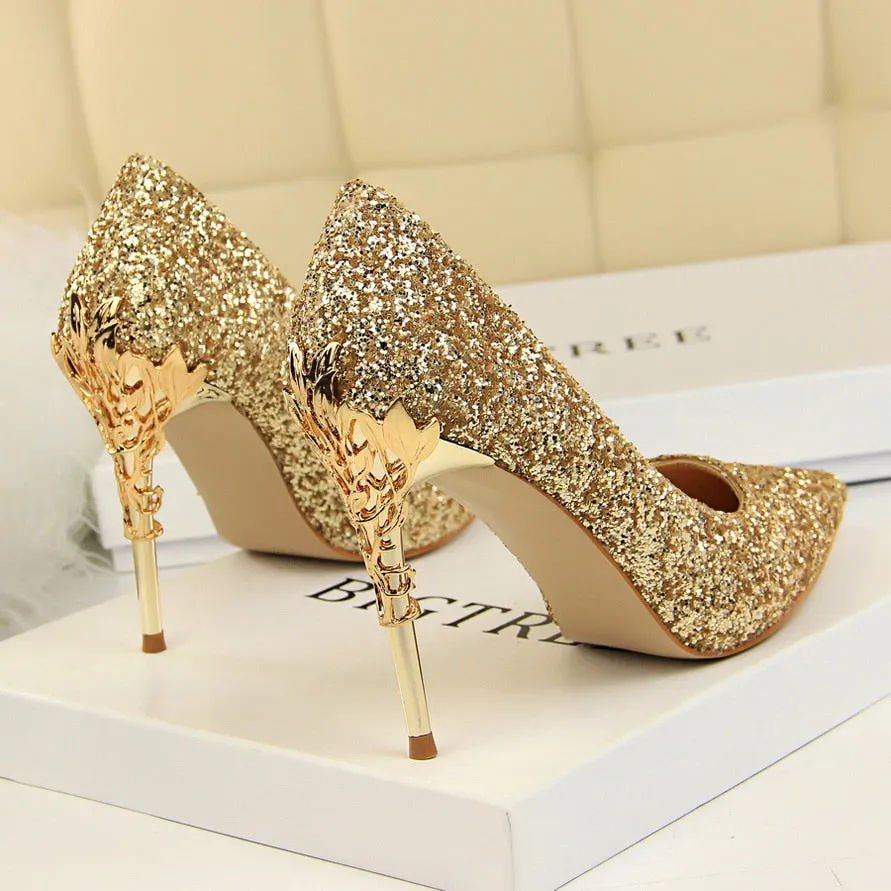 Amozae-2024 Women 10cm High Heels Fetish Pumps Lady Glitter Metal Carving Wedding Bridal Heels Bling Luxury Design Party Scarpins Shoes