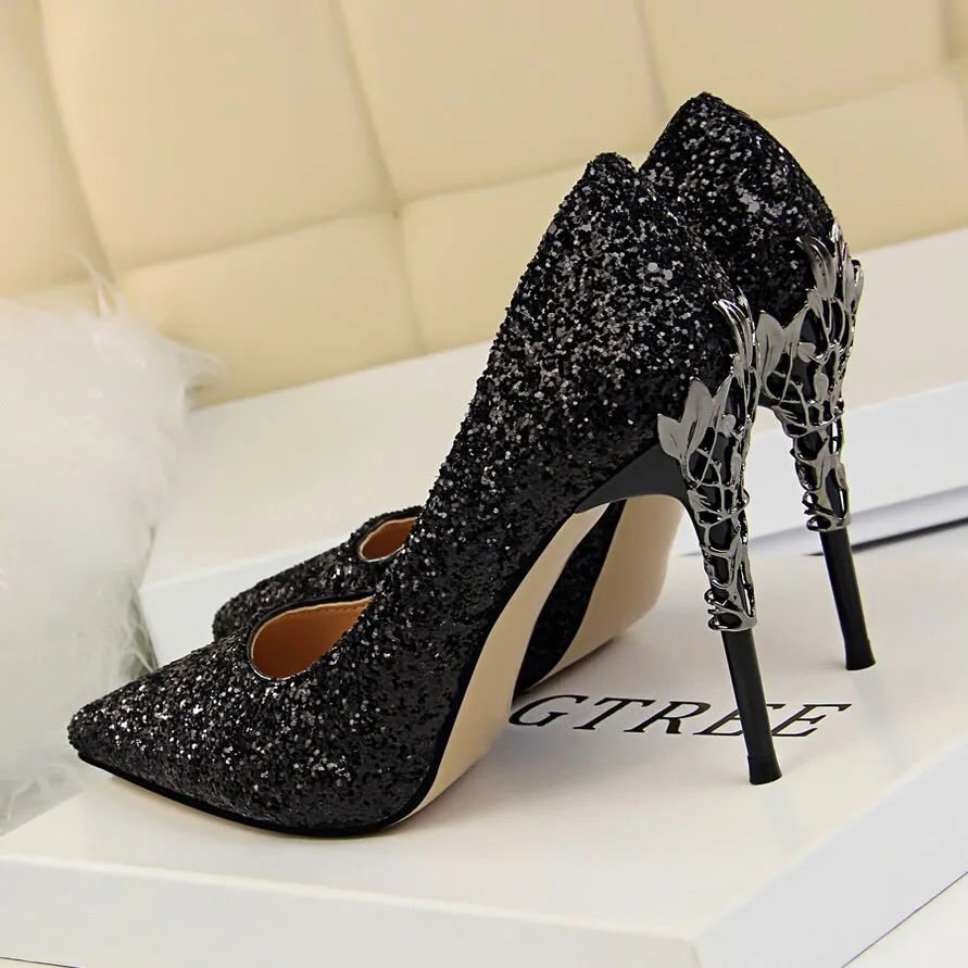 Amozae-2024 Women 10cm High Heels Fetish Pumps Lady Glitter Metal Carving Wedding Bridal Heels Bling Luxury Design Party Scarpins Shoes