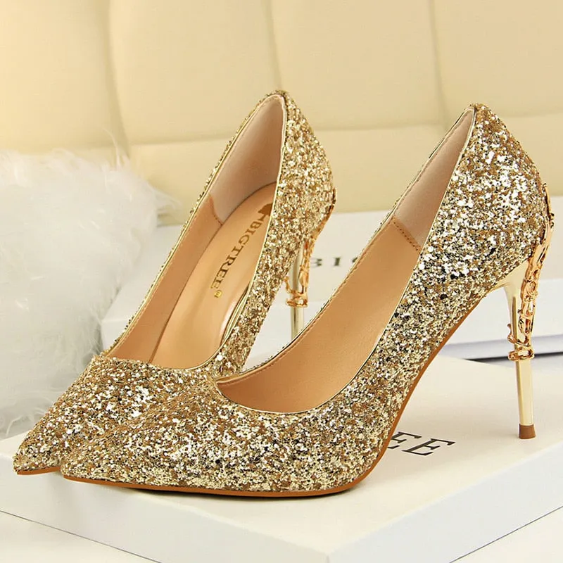 Amozae-2024 Women 10cm High Heels Fetish Pumps Lady Glitter Metal Carving Wedding Bridal Heels Bling Luxury Design Party Scarpins Shoes