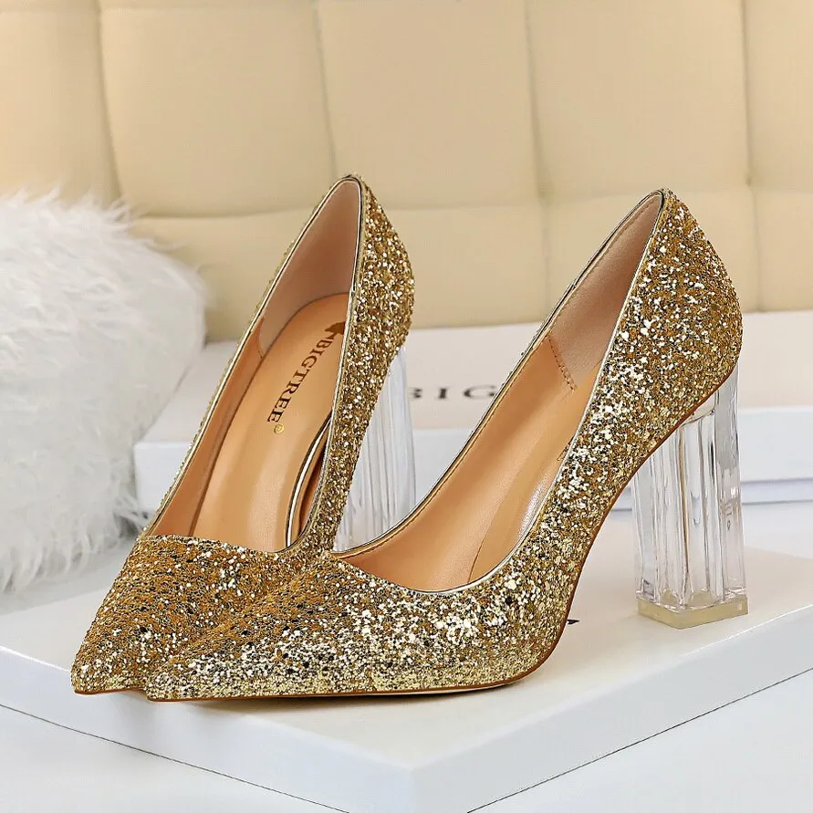 Amozae-2024 Women 10cm High Heels Glitter Scarpins Gold Silver Block Clear Heels Pumps Lady Wedding Bridal Transparent Chunky Shoes