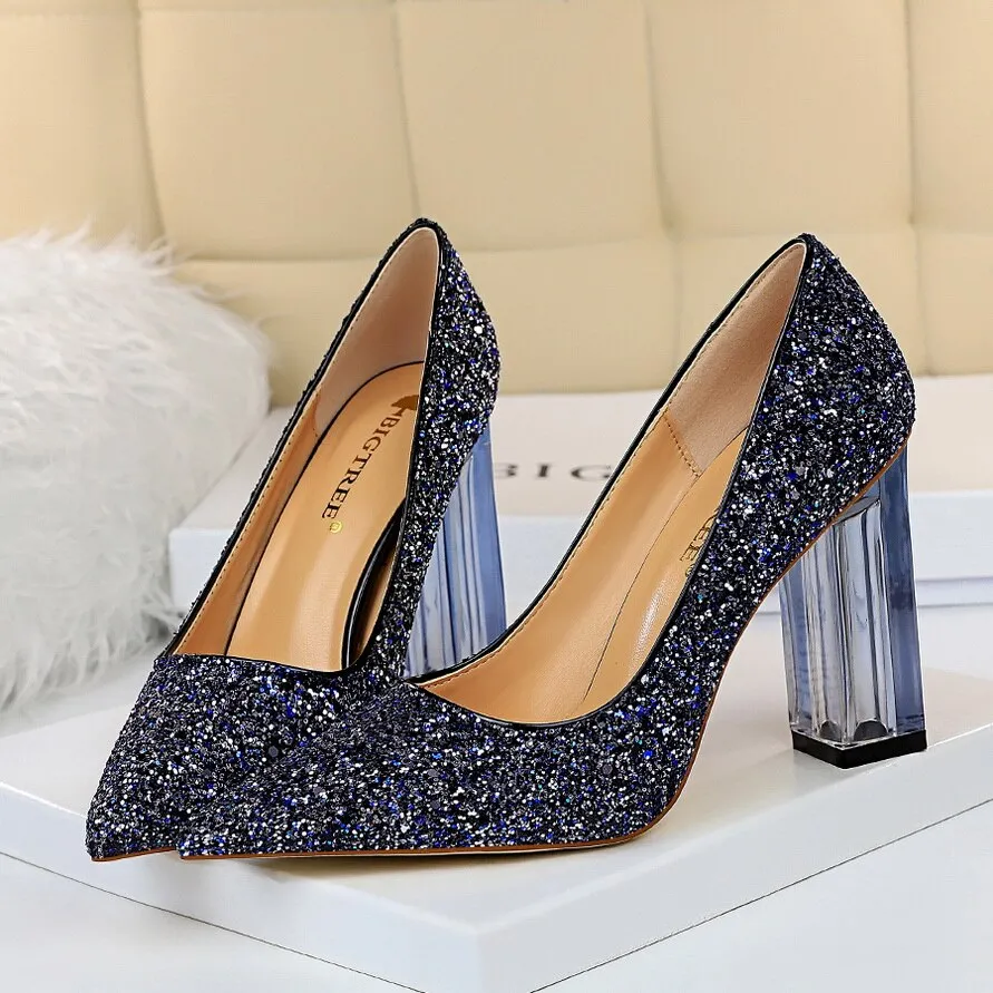 Amozae-2024 Women 10cm High Heels Glitter Scarpins Gold Silver Block Clear Heels Pumps Lady Wedding Bridal Transparent Chunky Shoes