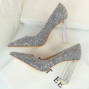 Amozae-2024 Women 10cm High Heels Glitter Scarpins Gold Silver Block Clear Heels Pumps Lady Wedding Bridal Transparent Chunky Shoes