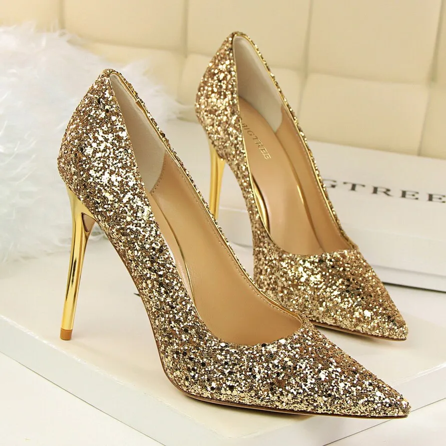 Amozae-2024 Women 7cm 9.5cm High Heels Sequins Glitter Luxury Designer Pumps Plus Size 43 Wedding Bridal Gold Valentine Scarpins Shoes