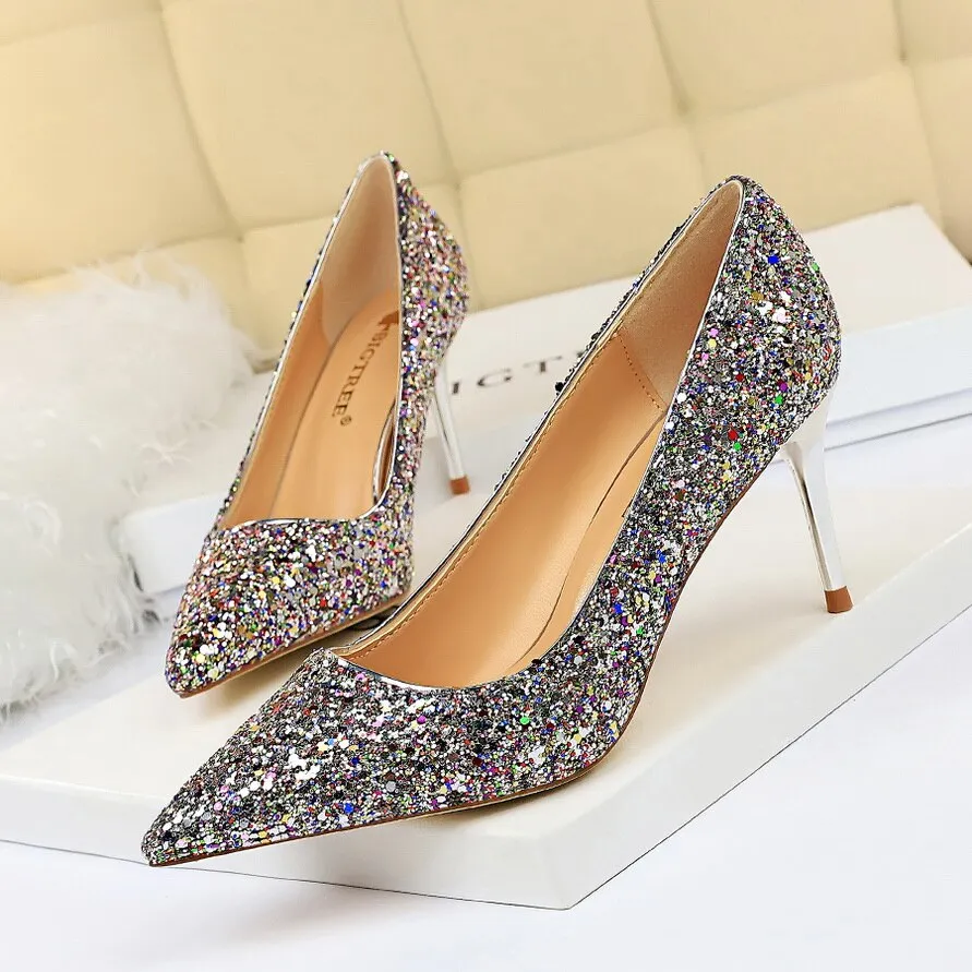 Amozae-2024 Women 7cm 9.5cm High Heels Sequins Glitter Luxury Designer Pumps Plus Size 43 Wedding Bridal Gold Valentine Scarpins Shoes