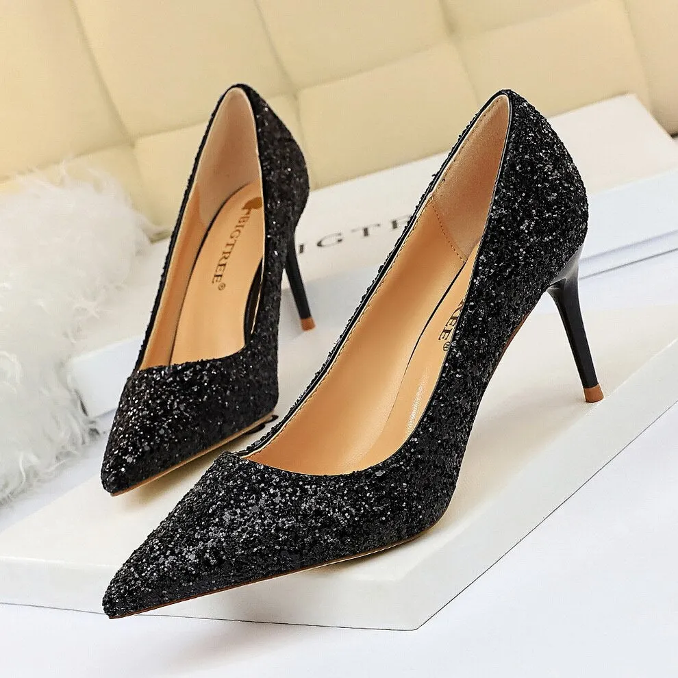 Amozae-2024 Women 7cm 9.5cm High Heels Sequins Glitter Luxury Designer Pumps Plus Size 43 Wedding Bridal Gold Valentine Scarpins Shoes