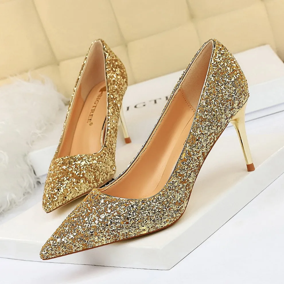 Amozae-2024 Women 7cm 9.5cm High Heels Sequins Glitter Luxury Designer Pumps Plus Size 43 Wedding Bridal Gold Valentine Scarpins Shoes