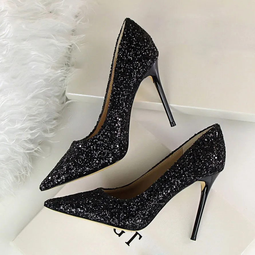 Amozae-2024 Women 7cm 9.5cm High Heels Sequins Glitter Luxury Designer Pumps Plus Size 43 Wedding Bridal Gold Valentine Scarpins Shoes