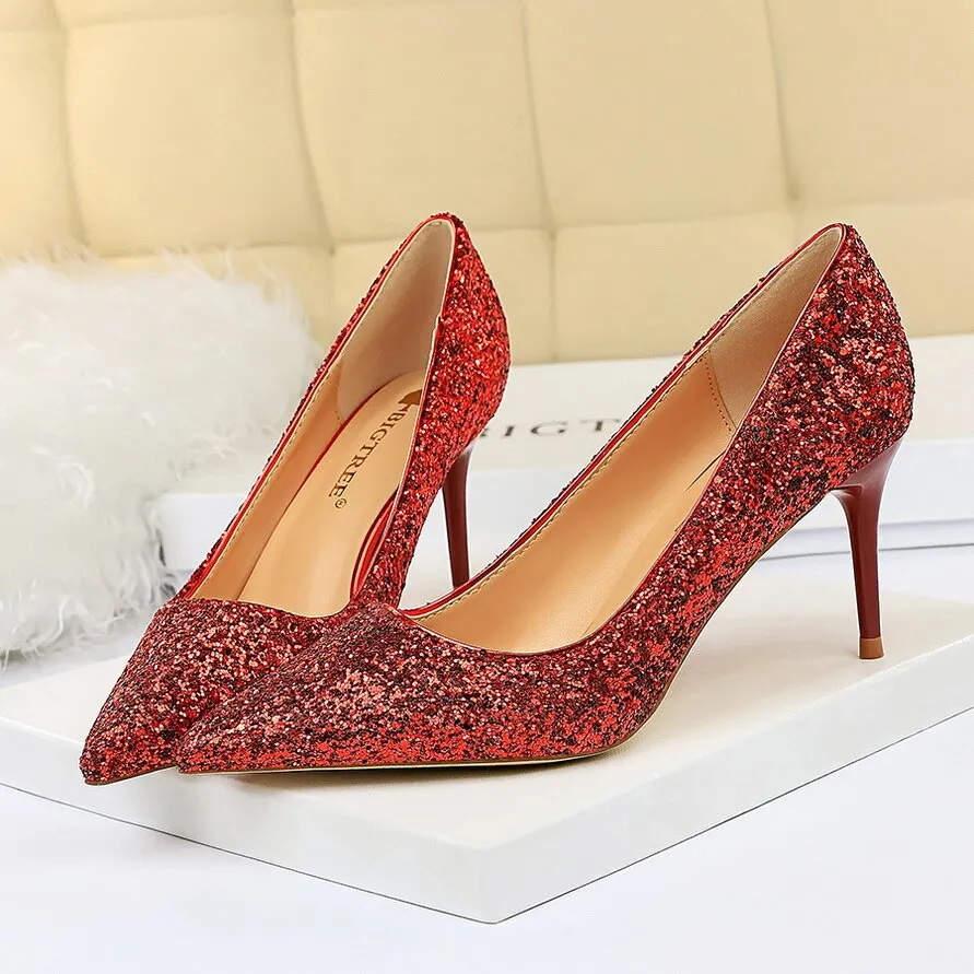 Amozae-2024 Women 7cm 9.5cm High Heels Sequins Glitter Luxury Designer Pumps Plus Size 43 Wedding Bridal Gold Valentine Scarpins Shoes