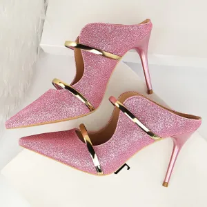 Amozae-Women Summer 9cm High Heels Glitter Sandals Lady Bling Mules Slingback Silver Pumps Female Gold Pink Bridal Quality Shoes