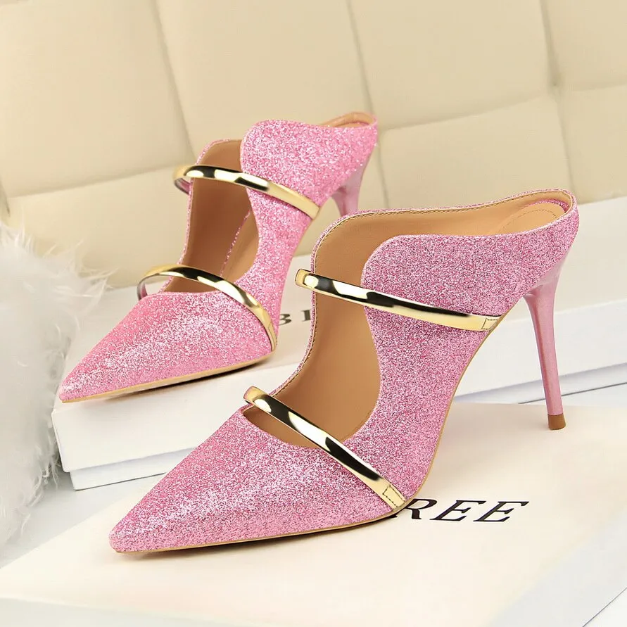 Amozae-Women Summer 9cm High Heels Glitter Sandals Lady Bling Mules Slingback Silver Pumps Female Gold Pink Bridal Quality Shoes