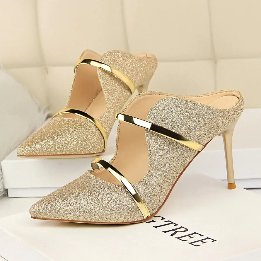 Amozae-Women Summer 9cm High Heels Glitter Sandals Lady Bling Mules Slingback Silver Pumps Female Gold Pink Bridal Quality Shoes