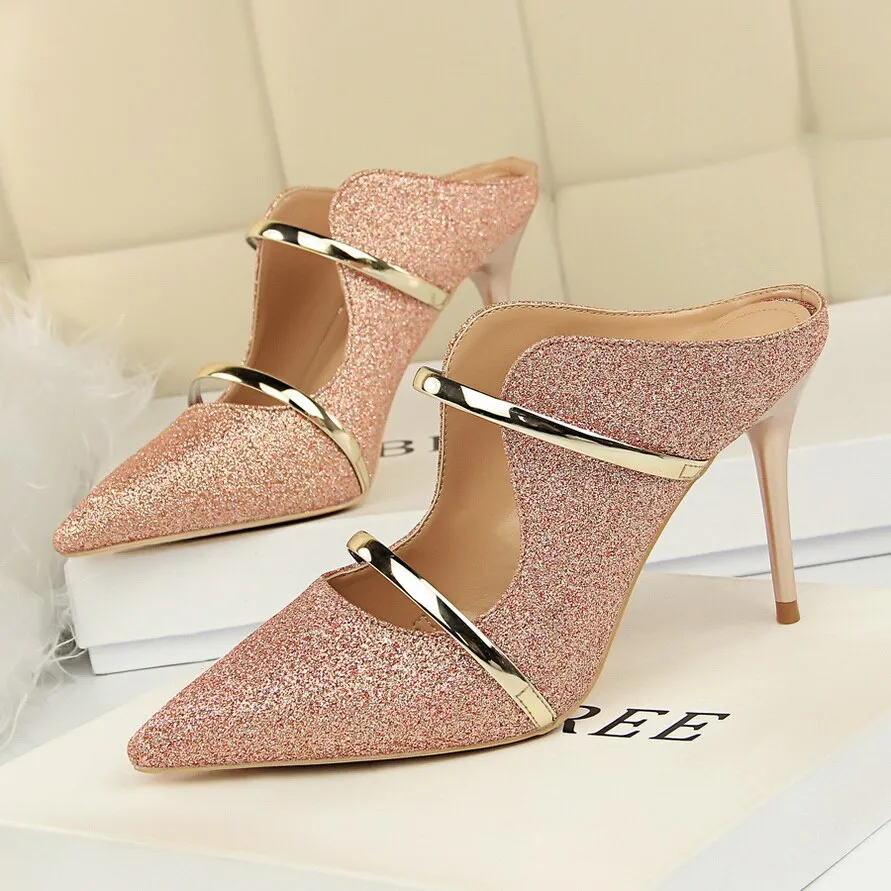 Amozae-Women Summer 9cm High Heels Glitter Sandals Lady Bling Mules Slingback Silver Pumps Female Gold Pink Bridal Quality Shoes