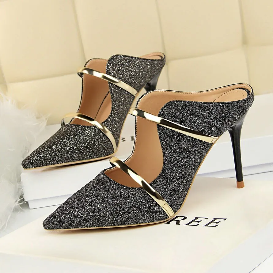 Amozae-Women Summer 9cm High Heels Glitter Sandals Lady Bling Mules Slingback Silver Pumps Female Gold Pink Bridal Quality Shoes