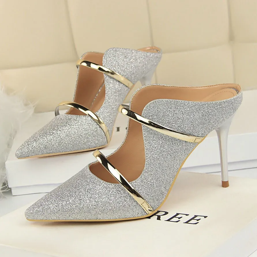 Amozae-Women Summer 9cm High Heels Glitter Sandals Lady Bling Mules Slingback Silver Pumps Female Gold Pink Bridal Quality Shoes