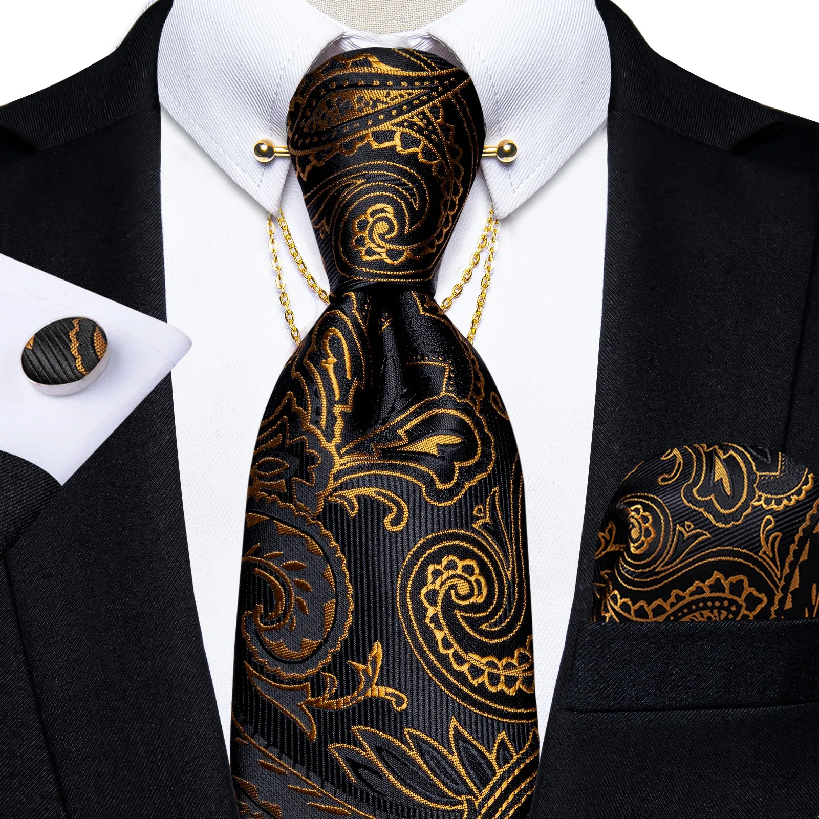 Beautiful Black Golden Paisley Tie Pocket Square Cufflinks Set with Collar Pin