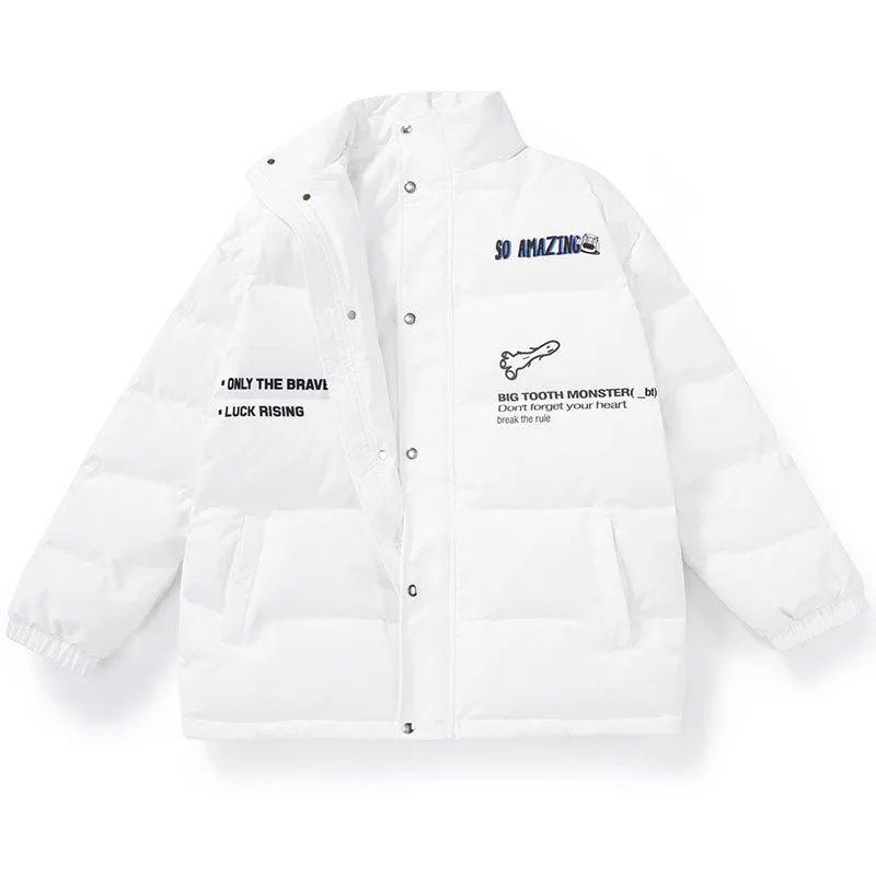 Big tooth monster English print white duck down jacket