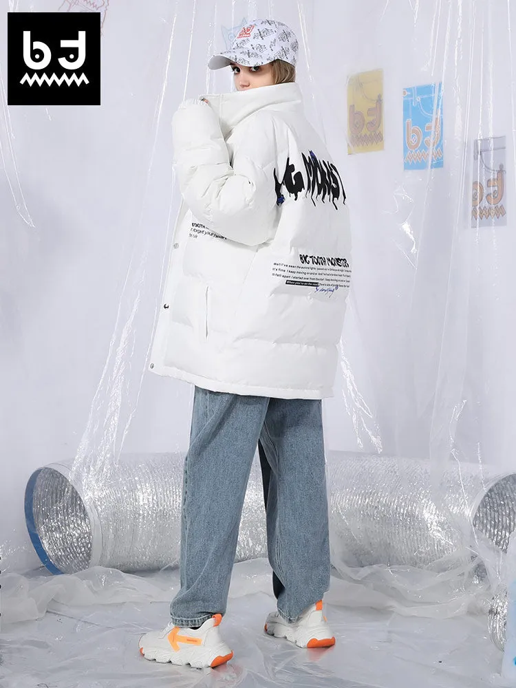 Big tooth monster English print white duck down jacket