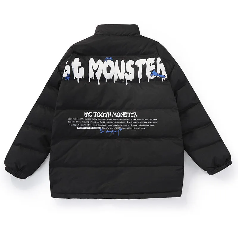 Big tooth monster English print white duck down jacket