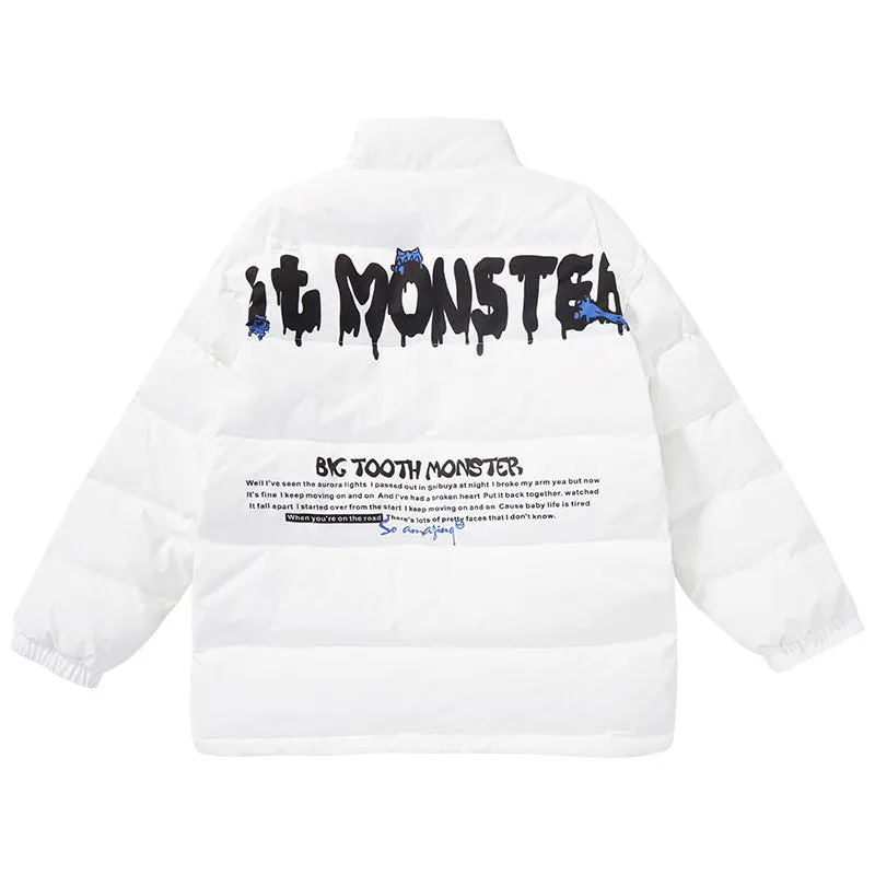 Big tooth monster English print white duck down jacket