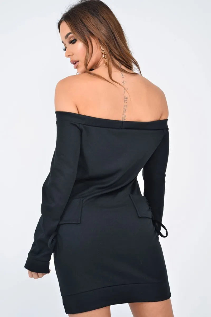 Black Lace Up Detail Bardot Jumper Dress - Aarna