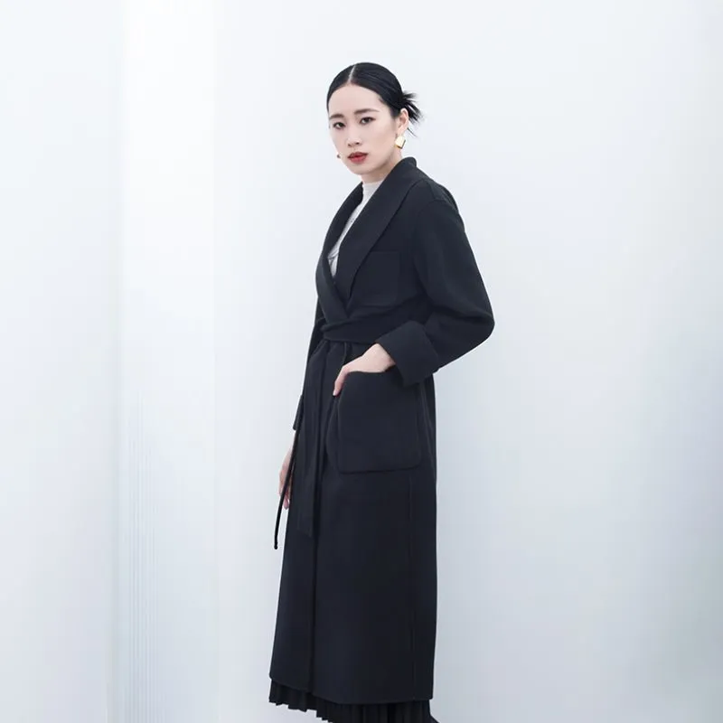 Black Long Belted Lapel Wool Trench Coats