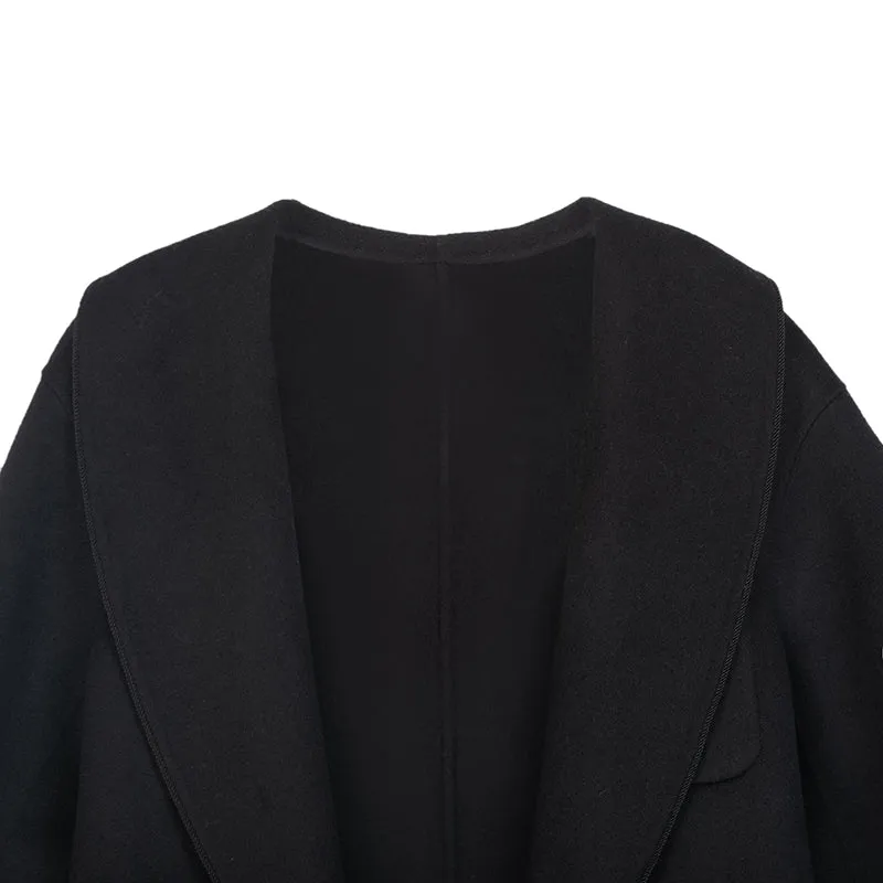 Black Long Belted Lapel Wool Trench Coats