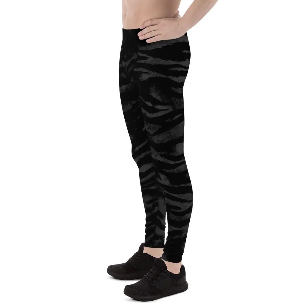 Black Tiger Striped Men's Leggings, Animal Print Meggings Run Tights-Made in USA/EU