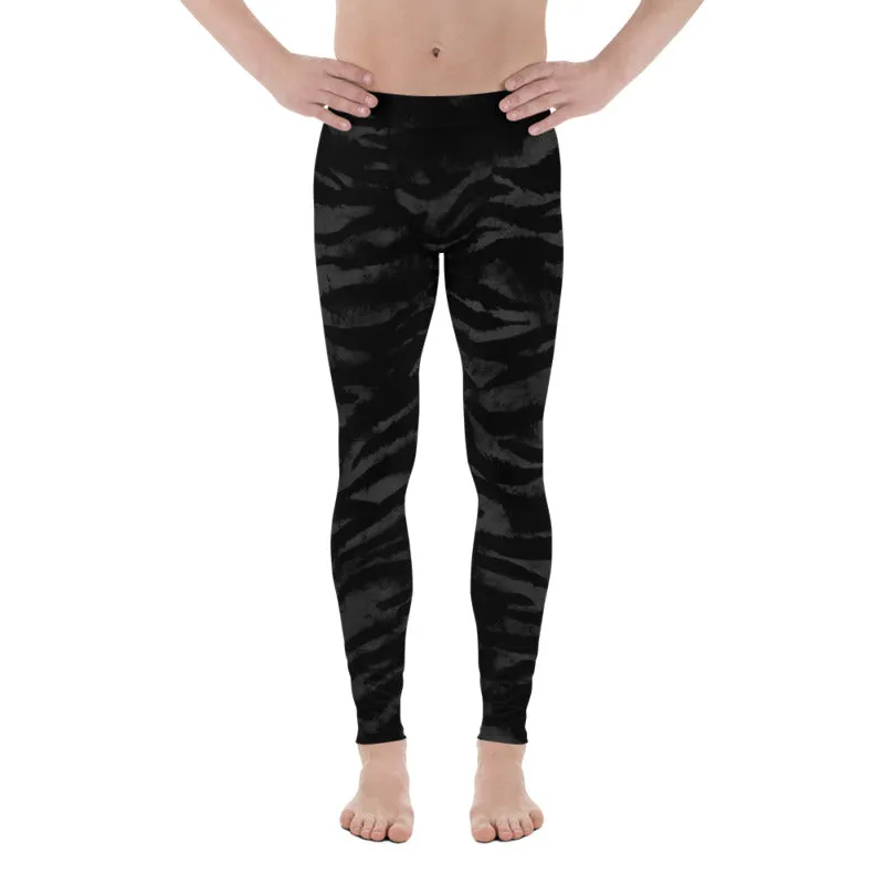 Black Tiger Striped Men's Leggings, Animal Print Meggings Run Tights-Made in USA/EU