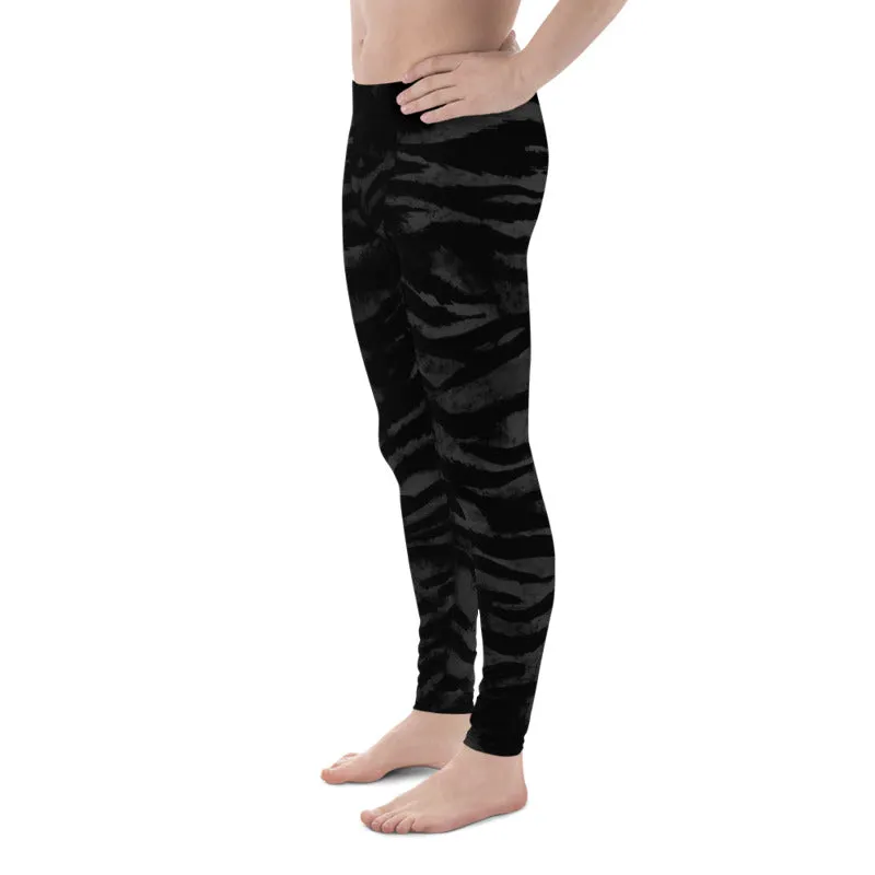 Black Tiger Striped Men's Leggings, Animal Print Meggings Run Tights-Made in USA/EU