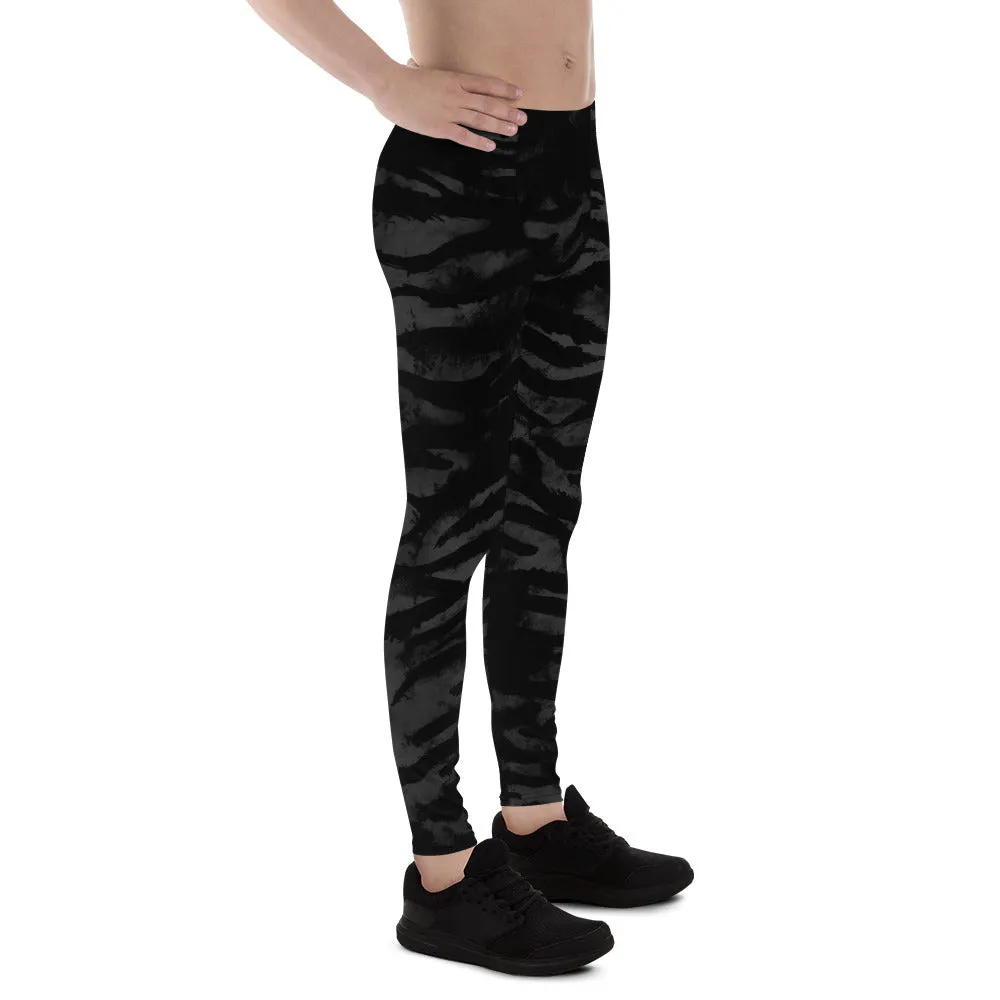 Black Tiger Striped Men's Leggings, Animal Print Meggings Run Tights-Made in USA/EU